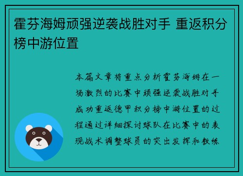 霍芬海姆顽强逆袭战胜对手 重返积分榜中游位置