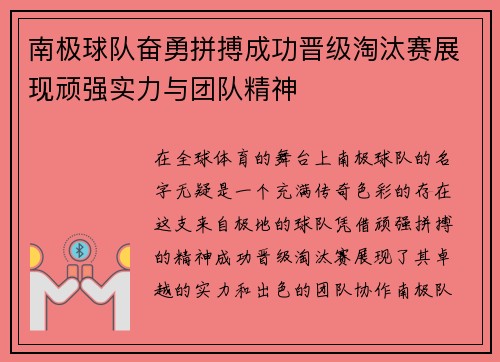 南极球队奋勇拼搏成功晋级淘汰赛展现顽强实力与团队精神