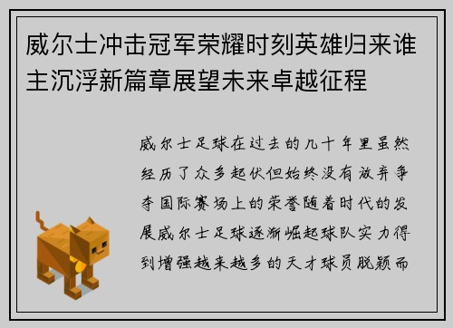 威尔士冲击冠军荣耀时刻英雄归来谁主沉浮新篇章展望未来卓越征程