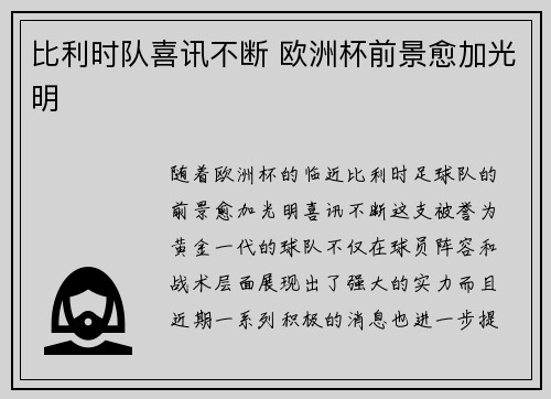 比利时队喜讯不断 欧洲杯前景愈加光明