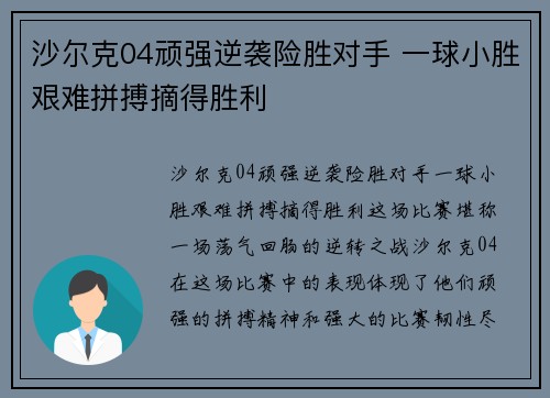 沙尔克04顽强逆袭险胜对手 一球小胜艰难拼搏摘得胜利
