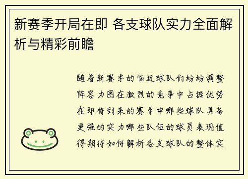 新赛季开局在即 各支球队实力全面解析与精彩前瞻