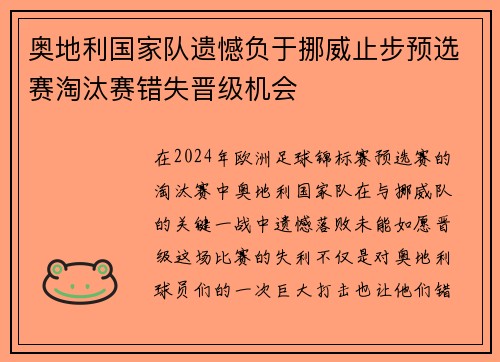 奥地利国家队遗憾负于挪威止步预选赛淘汰赛错失晋级机会