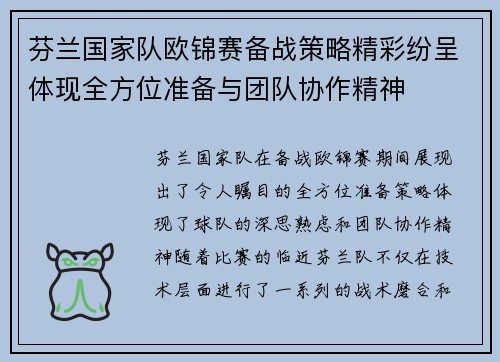芬兰国家队欧锦赛备战策略精彩纷呈体现全方位准备与团队协作精神