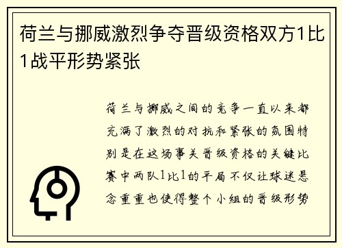 荷兰与挪威激烈争夺晋级资格双方1比1战平形势紧张