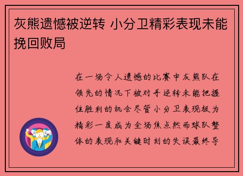 灰熊遗憾被逆转 小分卫精彩表现未能挽回败局