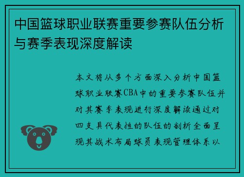 中国篮球职业联赛重要参赛队伍分析与赛季表现深度解读
