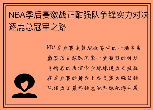 NBA季后赛激战正酣强队争锋实力对决逐鹿总冠军之路